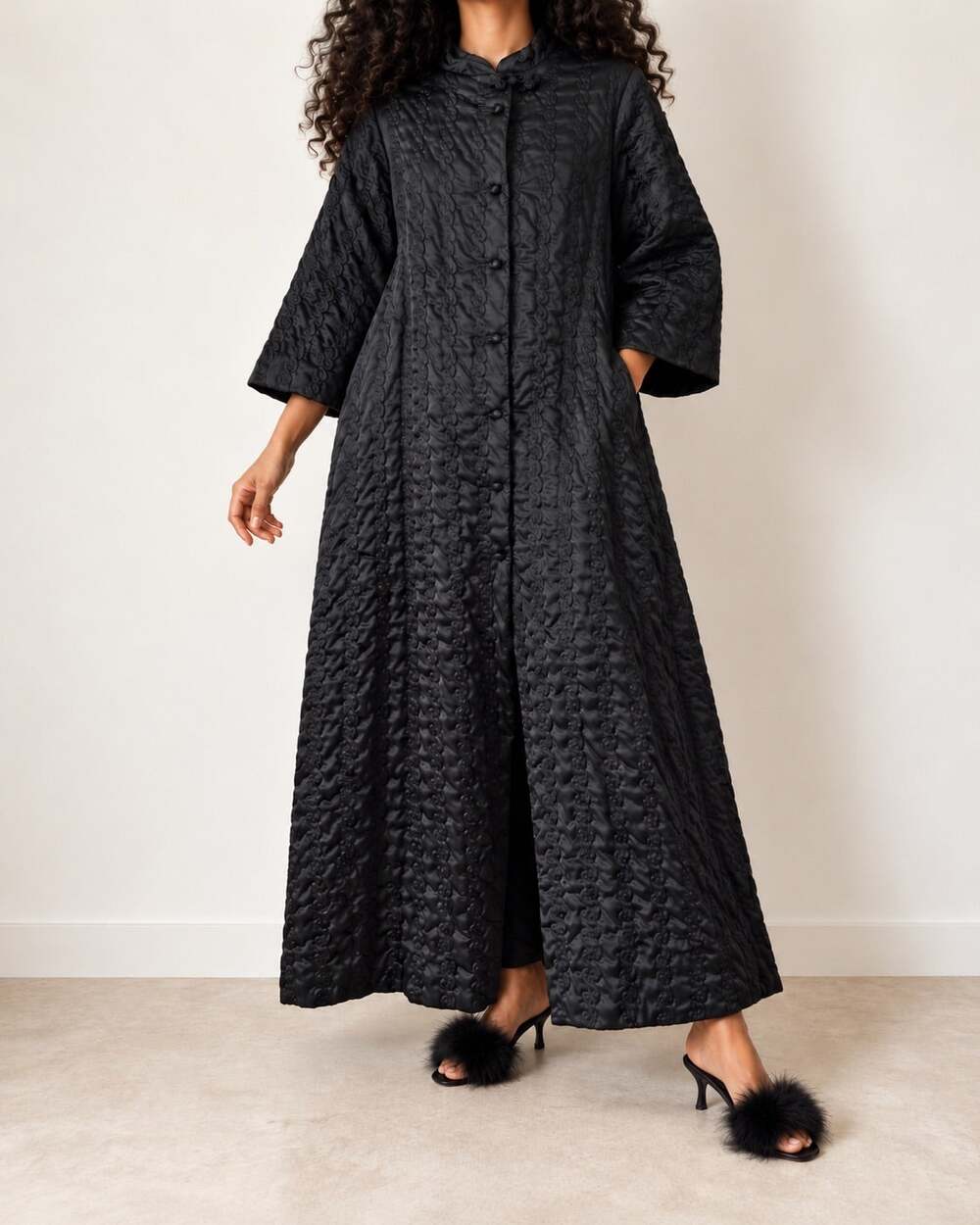 Vintage 60s Black Quilted Housecoat Hostess Robe Long Retro Duster Romantic Goth